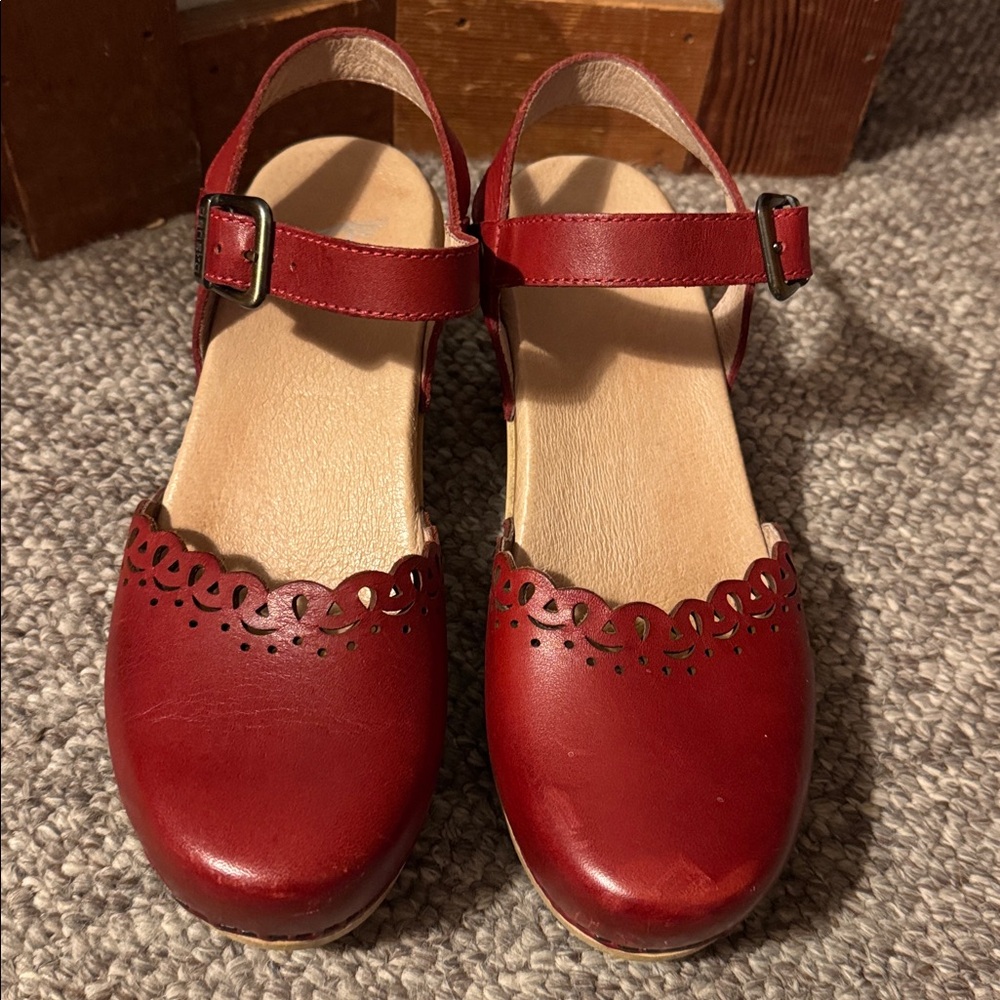 Red Dansko Leather Mary Jane Clogs